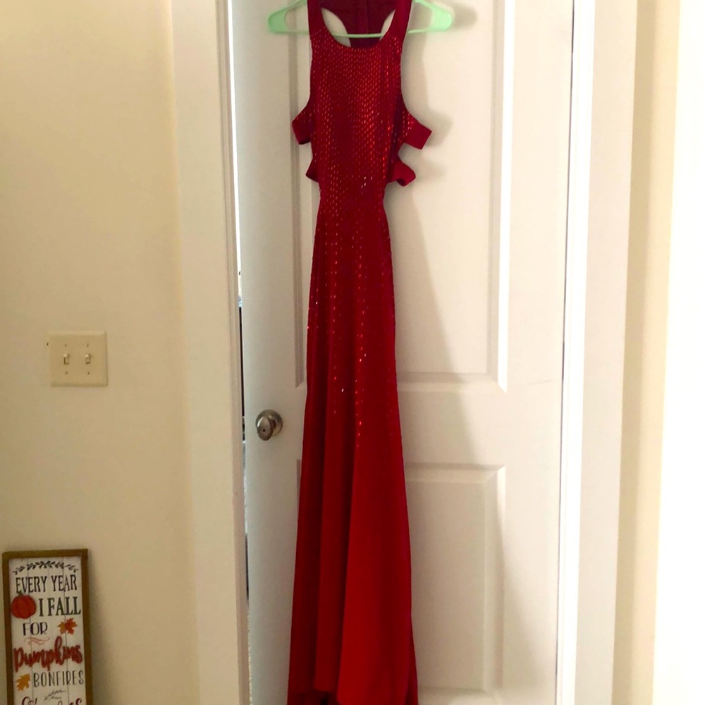 Red evening dress with a little sparkle